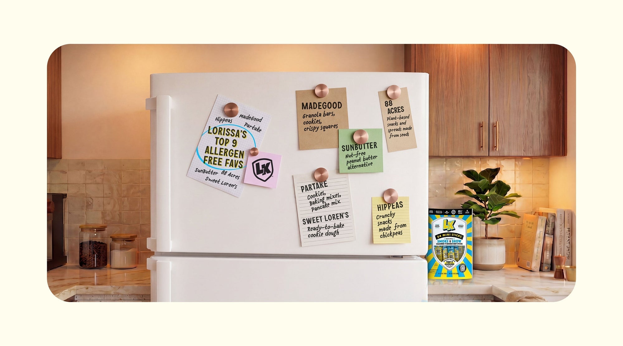 fridge with notes of different top 9 allergen free brands hanging up with magnets